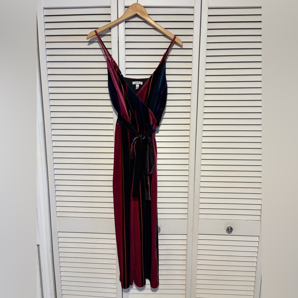 Juniors XS Velvet Jumpsuit Cropped Wide Leg Striped Sleeveless Belted